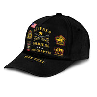 Black classic cap front embroidery with 'BUFFALO SOLDIERS' and 'YOUR TEXT' on brim