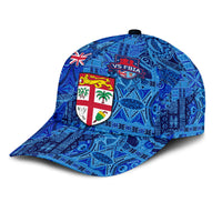 Blue classic cap with shield crest patch and VS FBIA logo, vivid tropical patterned fabric