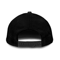 Black classic cap underside view with adjustable snapback strap and grommet holes