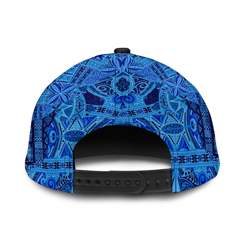 Blue cap back panel with adjustable strap and metal eyelets
