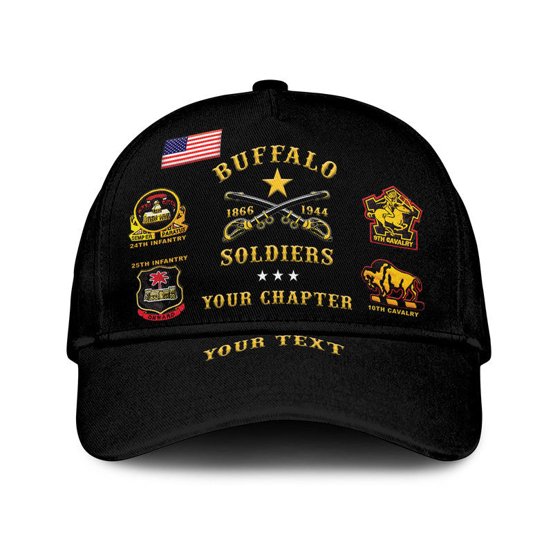 Black classic cap with embroidered Buffalo Soldiers patches and 'YOUR CHAPTER' text