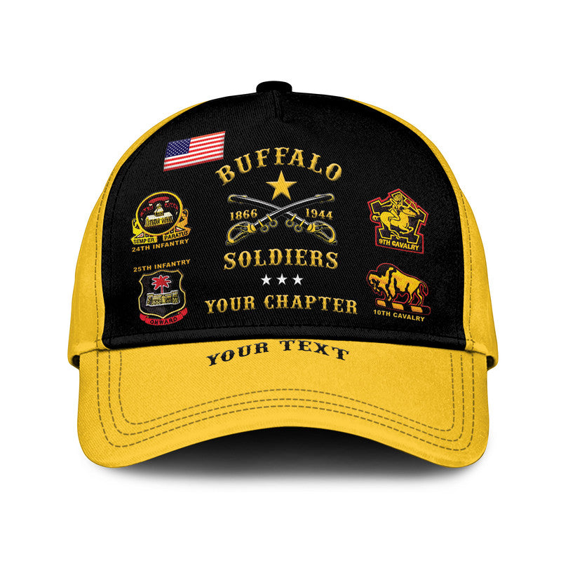 Black & gold classic cap: 'BUFFALO SOLDIERS' emblem, 'YOUR TEXT' on brim