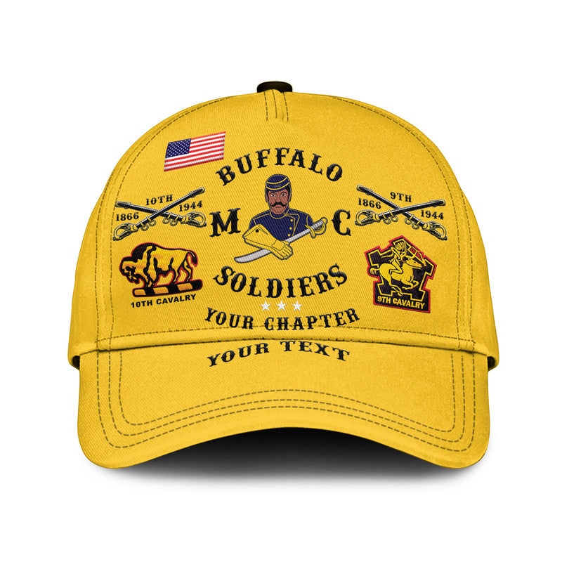 Gold classic cap with Buffalo Soldiers biker crest and flag; reads YOUR TEXT.