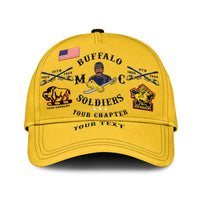 Gold classic cap with Buffalo Soldiers biker crest and flag; reads YOUR TEXT.