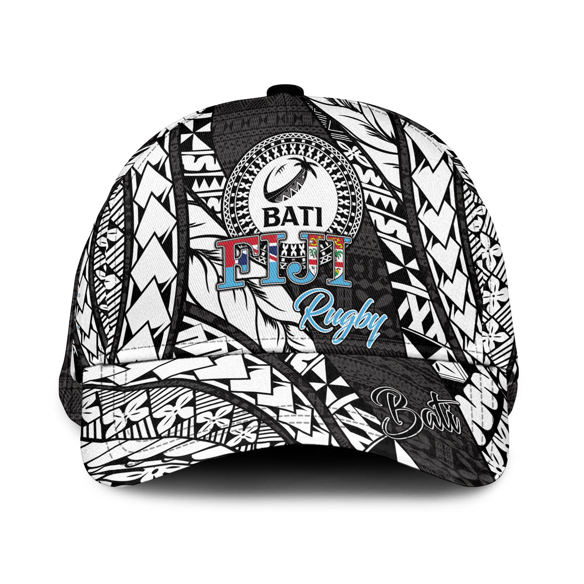 Black classic cap with Bati tapa pattern and Fiji Rugby graphic