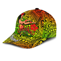Classic cap front panel: “Aloha” script over hula girl, flowers, and tribal design