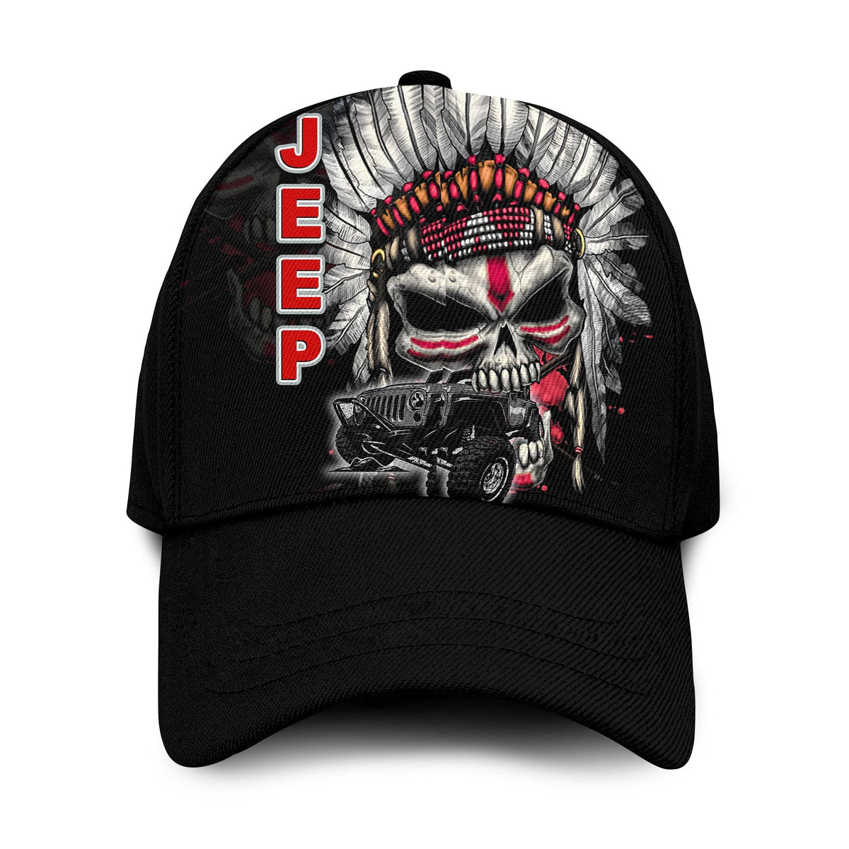 Black classic cap with angry skull graphic and vertical JEEP lettering