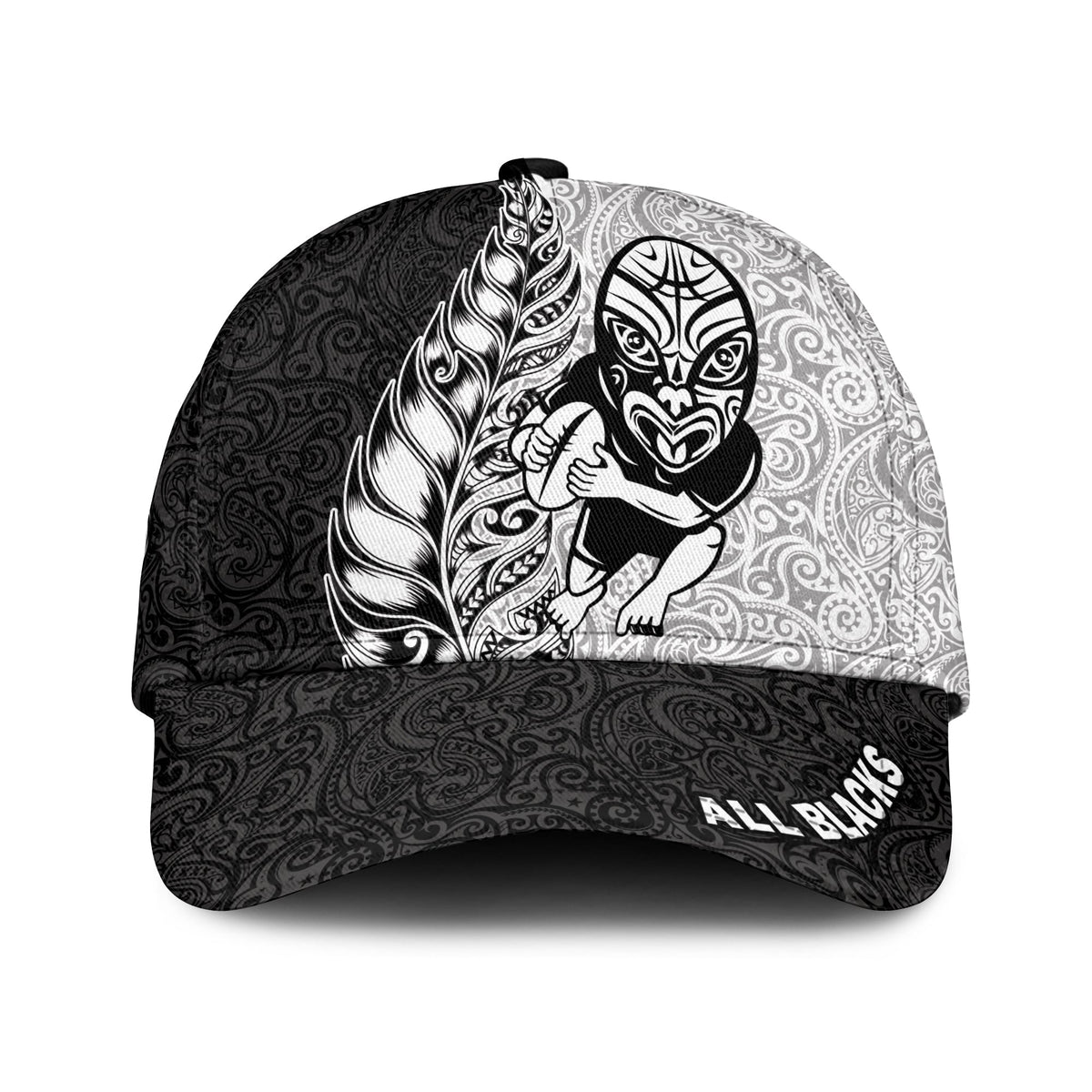 Maori All Blacks rugby cap with black-and-white feather tribal graphic, white colorway