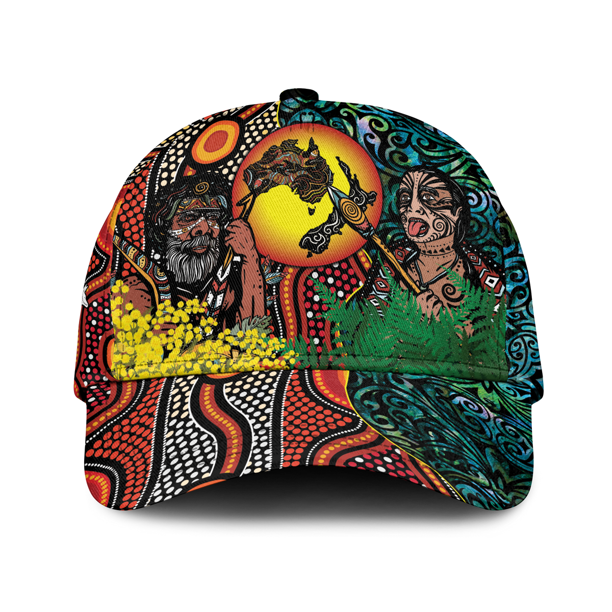 Classic cap with multicolor Aboriginal-style kangaroo and Maori kiwi bird graphic