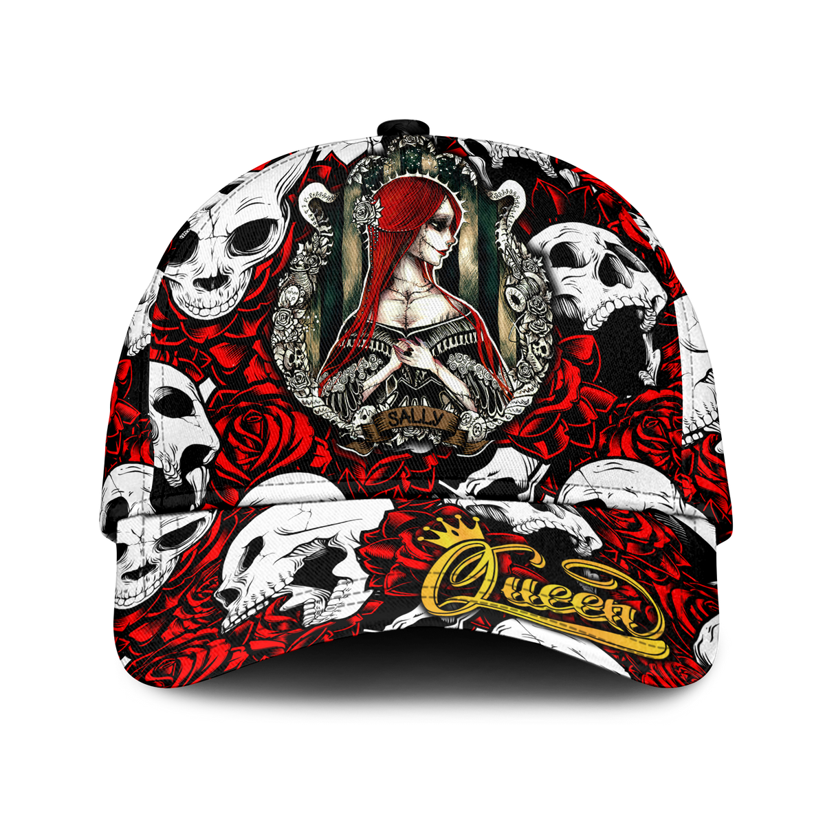 Skull and rose print cap in red, black, and white, with Sally label at center front.
