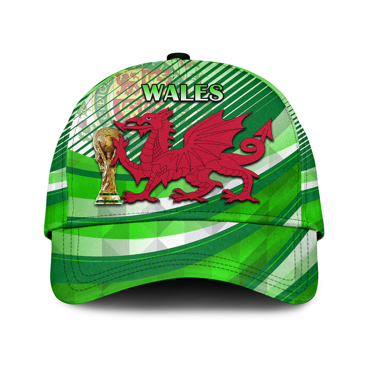 Green classic cap with striped pattern, Wales logo, and red dragon graphic