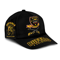 Black baseball cap with large Buffalo Soldiers logo patch across front brim