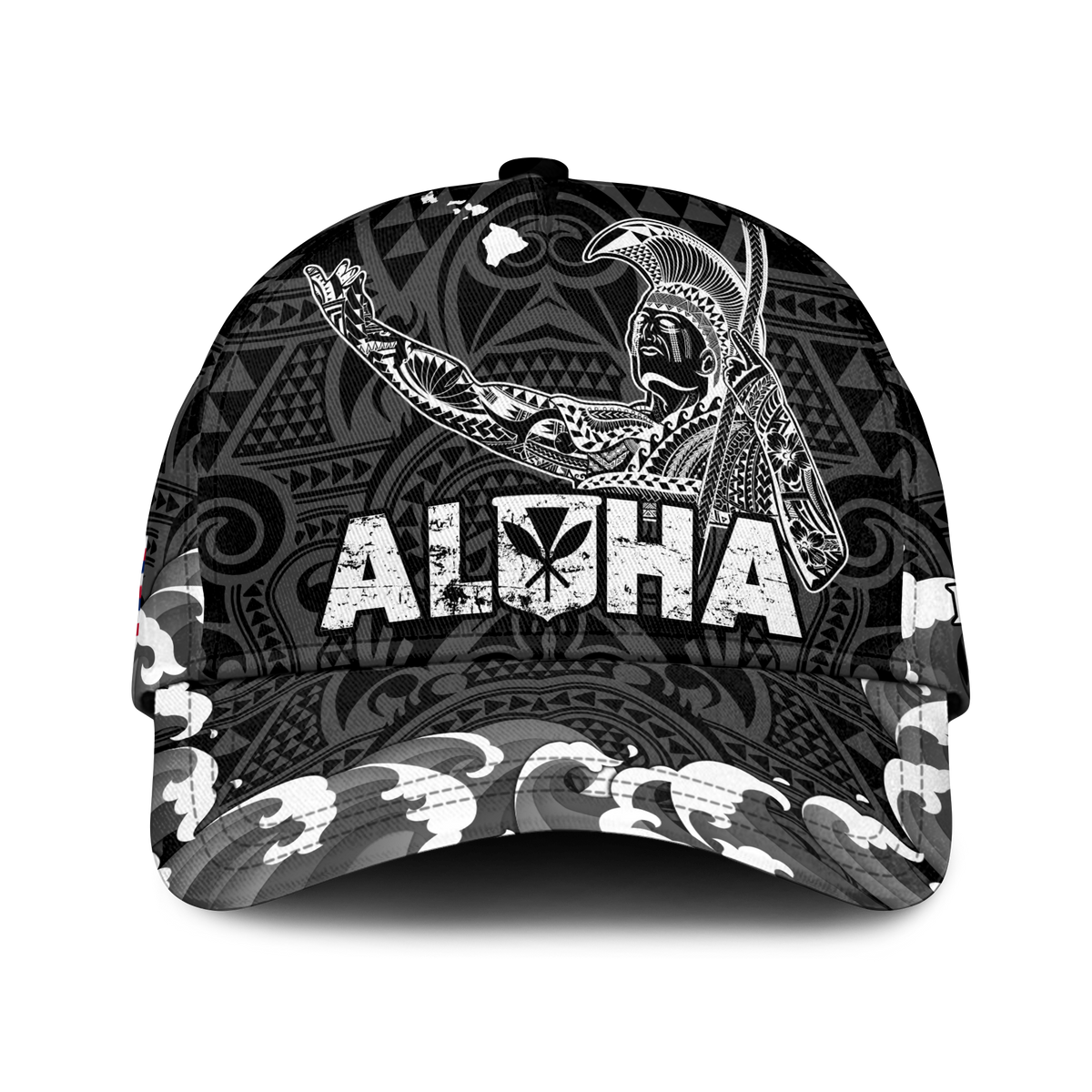Black classic cap with ALOHA print and Kamehameha-style figure, white/gray pattern