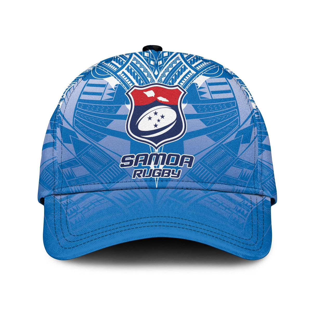 Blue Samoa rugby cap close-up of front crest logo and 'Samoa Rugby' text