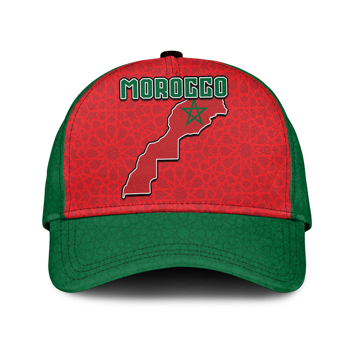Morocco themed classic cap with red front, green brim, Moroccan map and 'MOROCCO' logo