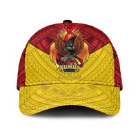Classic cap with Kumul Pride bird logo, red and yellow tribal pattern front panels