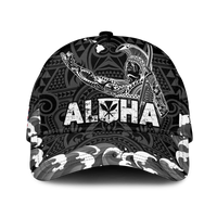 Black classic cap with large white ALOHA lettering, tribal mask and hula dancer graphic