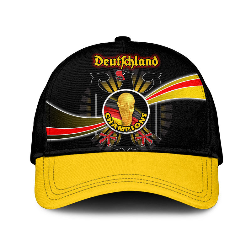 Black and yellow baseball cap with Deutschland and Champion graphic on front
