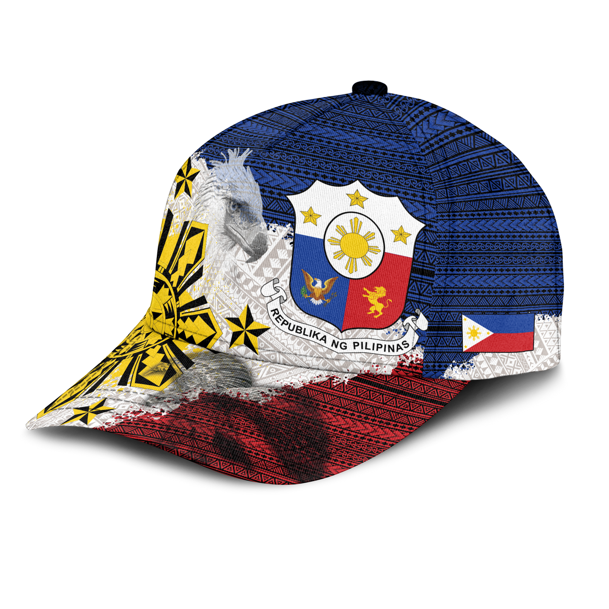 Philippines eagle and seal cap with blue tribal print, flag panel, and red-and-blue brim