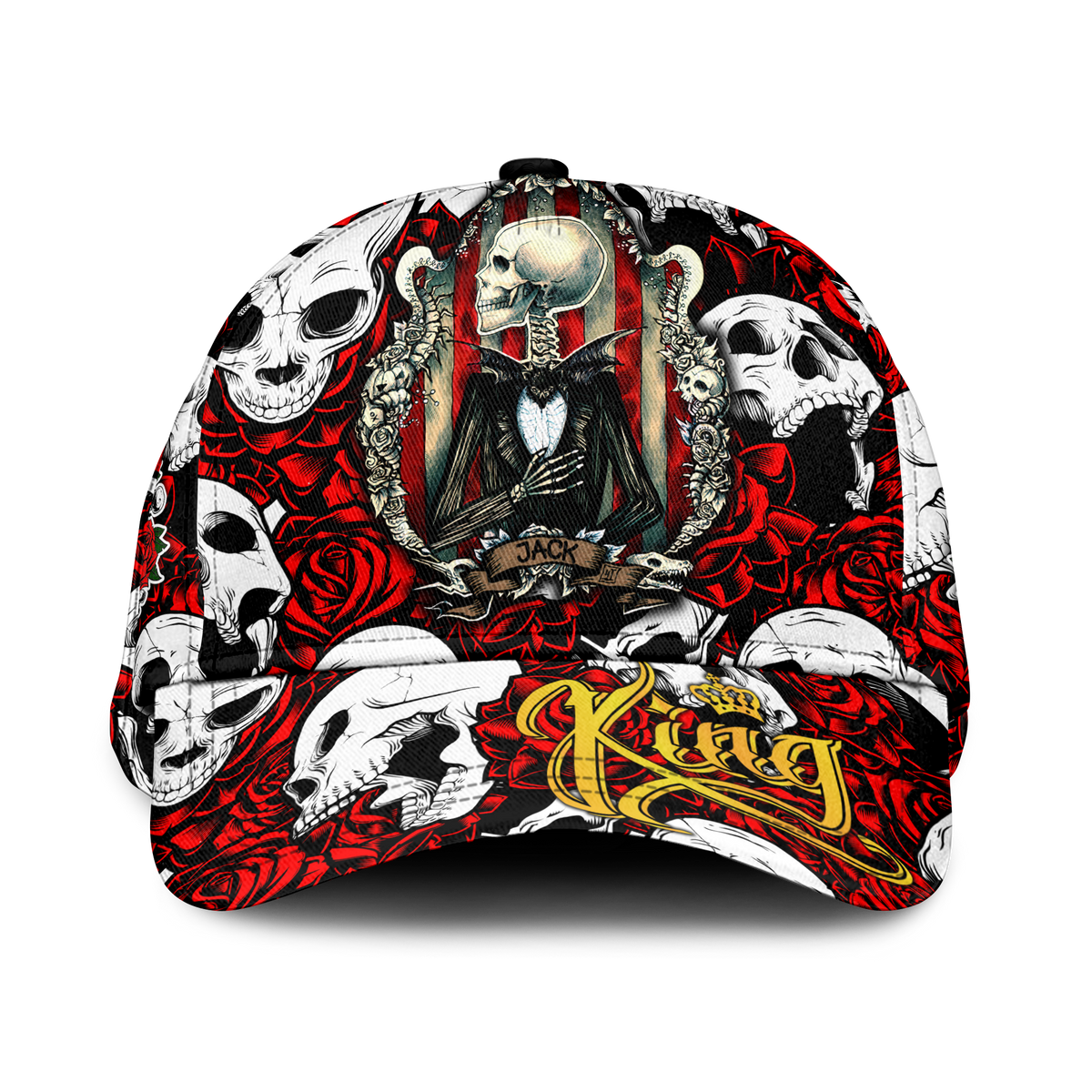 Skull and rose graphic baseball cap in red, black, and white, curved brim