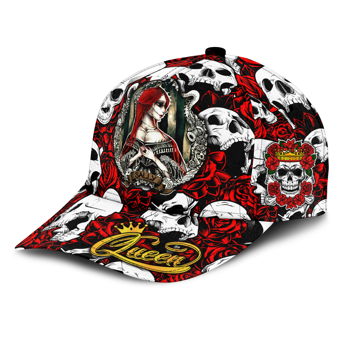 Skull and rose print cap in red, black, and white with crowned skull and portrait graphic.