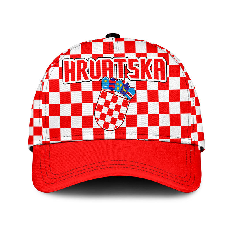 Red baseball cap with checkered front and crest logo