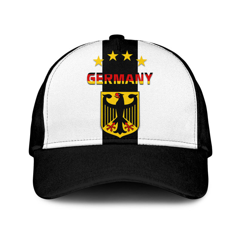 Two-tone Germany football cap with black brim, white crown, Germany text and crest