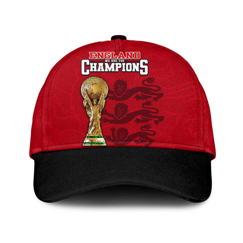 Red England cap with black brim, trophy graphic and Champions text
