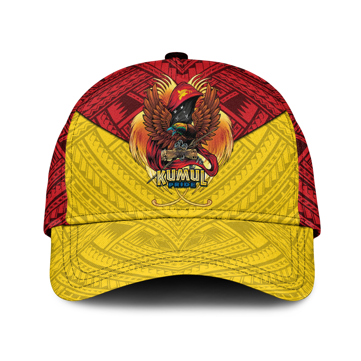 Yellow and red Kumul Pride rugby cap, front eagle crest