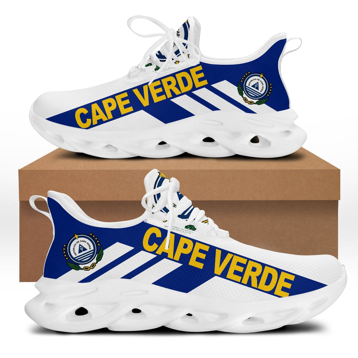 Cape Verde stripe clunky sneakers, white upper with blue graphics and white sole