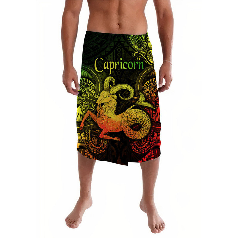 Capricorn print lavalava with black base, green yellow and red tropical graphics
