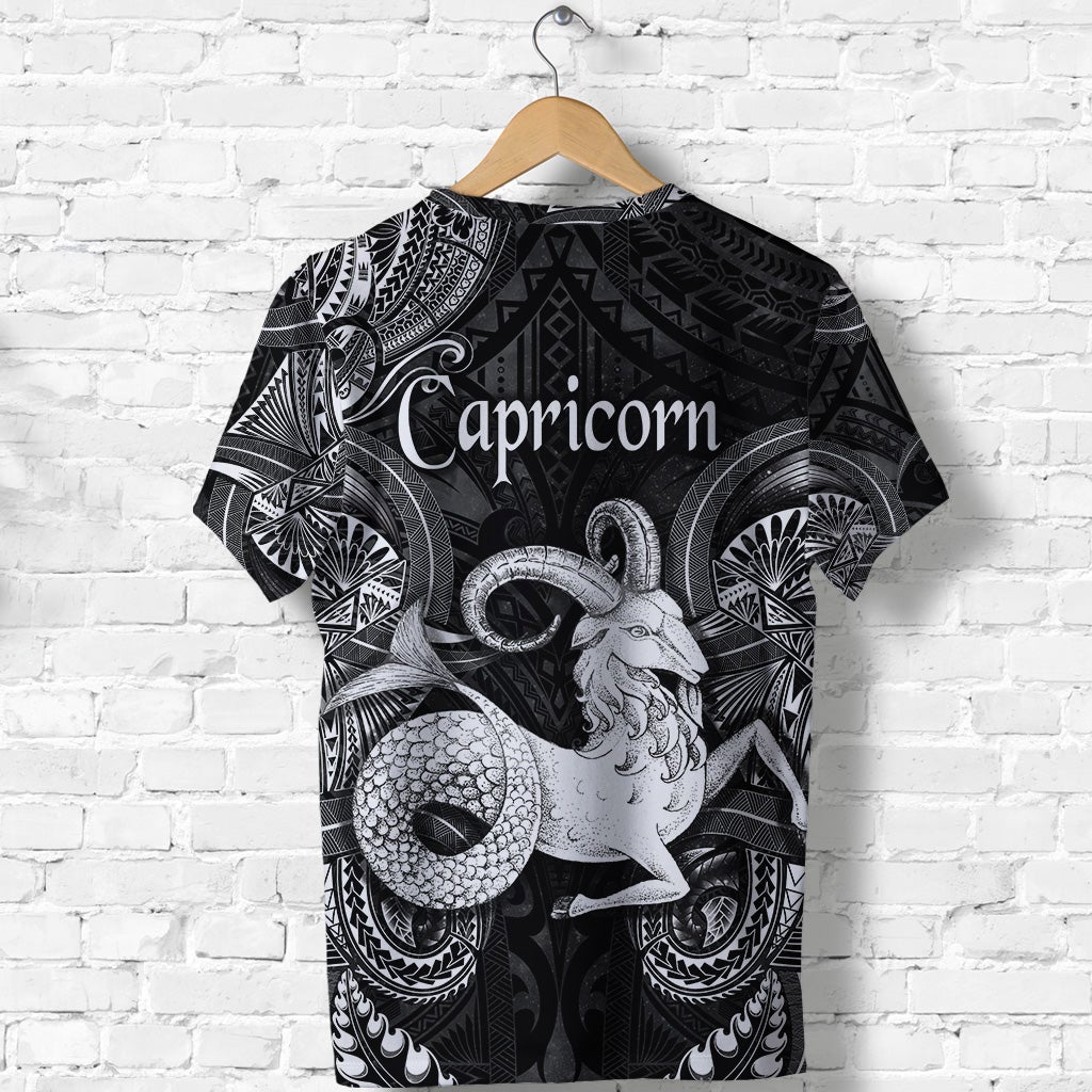Black Capricorn zodiac T-shirt back view with Polynesian-style ram head and circular scale art