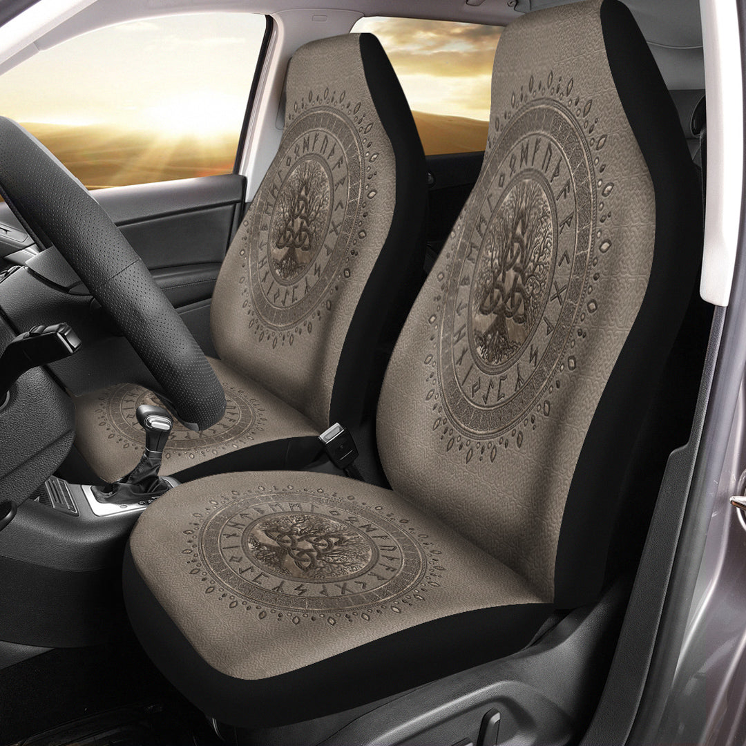 Viking Car Seat Covers Tree Of Life with Triquetra Beige Car Seat Covers RLT12 - Wonder Print Shop