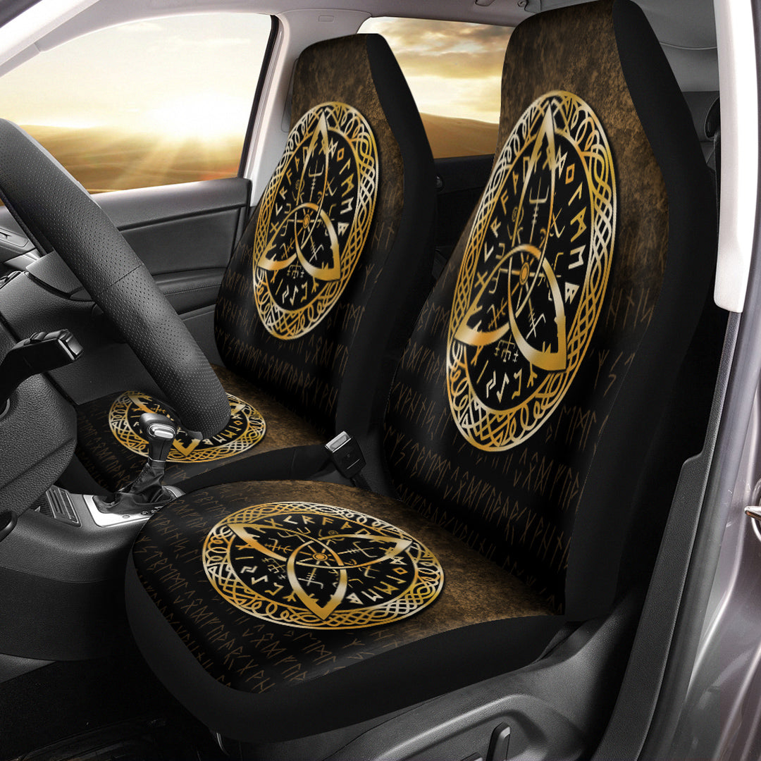 Viking Car Seat Covers Vegvisir Nordic Viking Rune Gold Version Car Seat Covers RLT12 - Wonder Print Shop