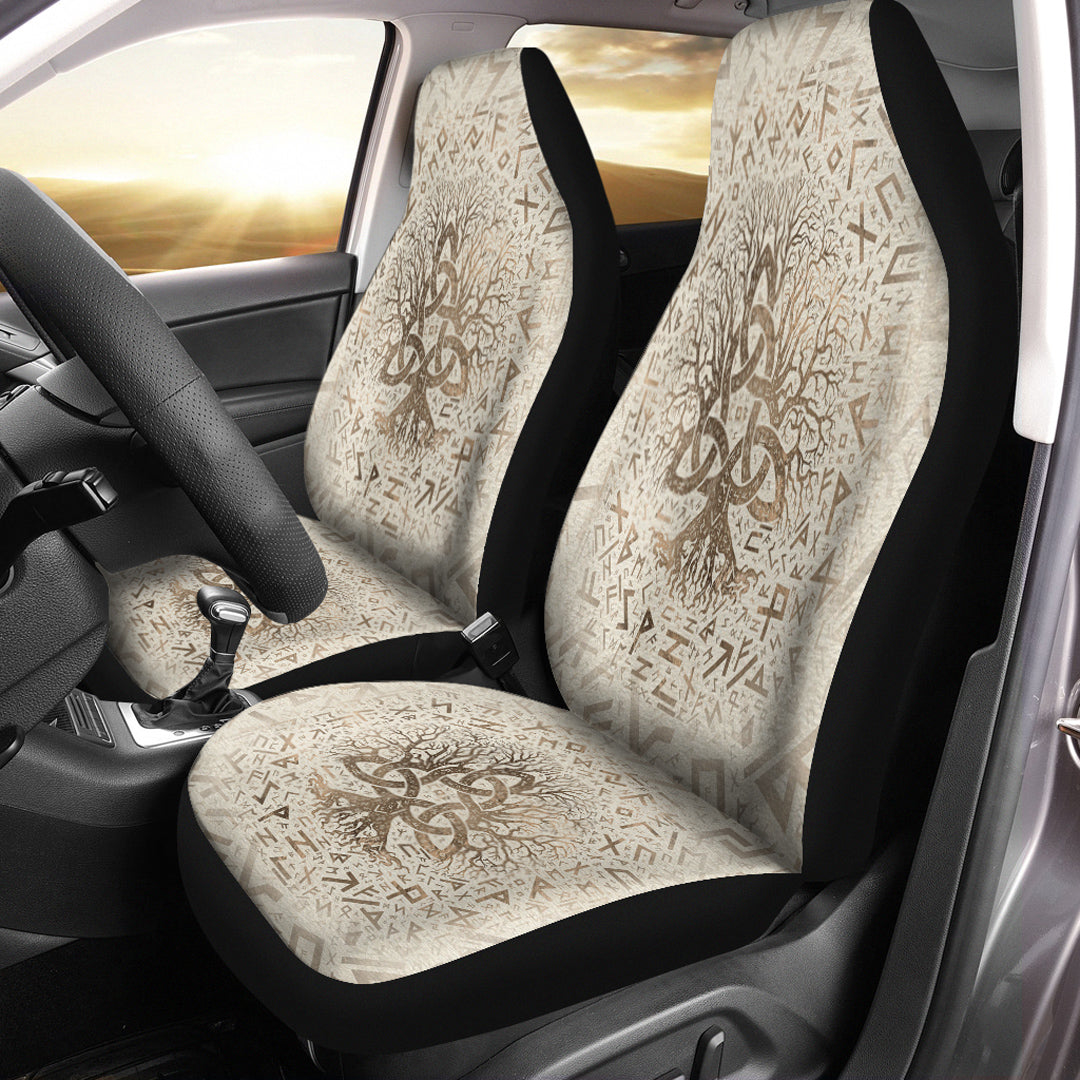 Viking Car Seat Covers Tree Of Life with Triquetra and Futhark Pastel Gold Car Seat Covers RLT12 - Wonder Print Shop