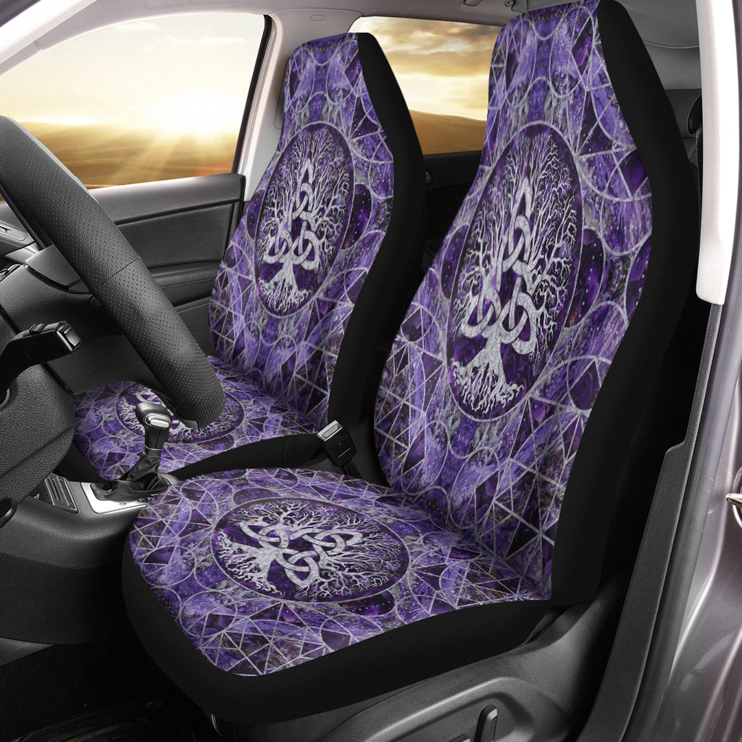 Viking Car Seat Covers Tree Of Life with Triquetra Amethyst and Silver Car Seat Covers RLT12 - Wonder Print Shop