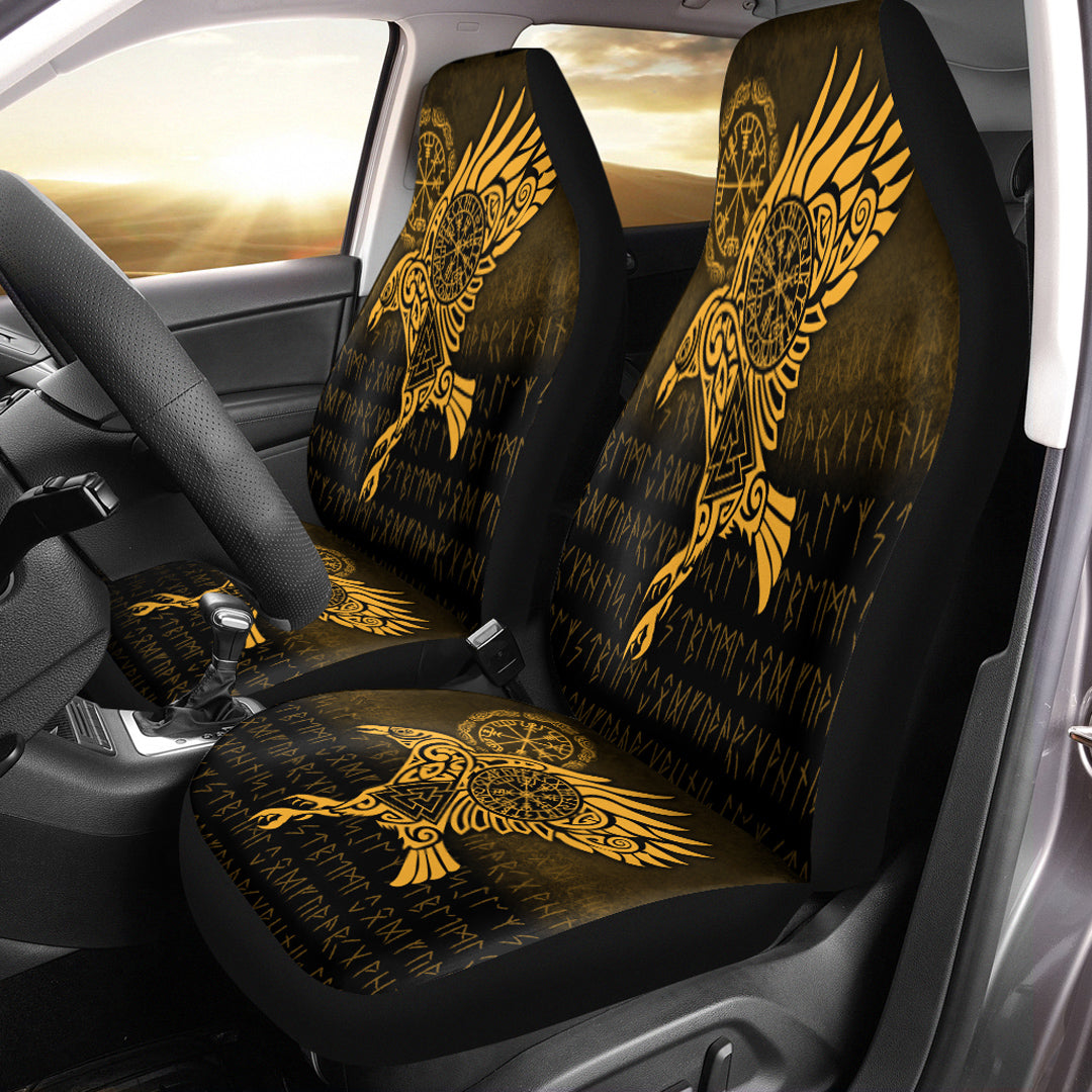 Viking Car Seat Covers Raven Vegvisir Tattoo Gold Version Car Seat Covers RLT12 - Wonder Print Shop