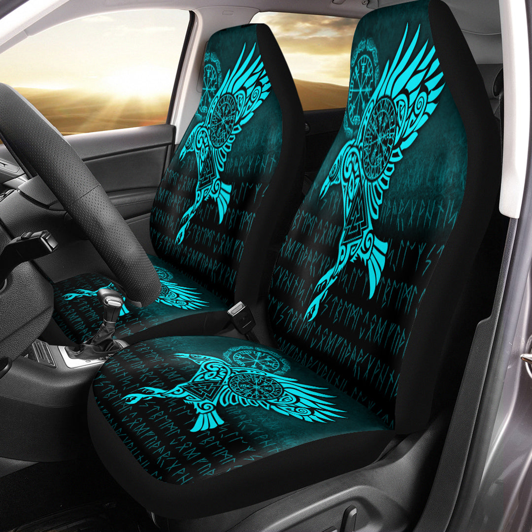 Viking Car Seat Covers Raven Vegvisir Tattoo Cyan Version Car Seat Covers RLT12 - Wonder Print Shop