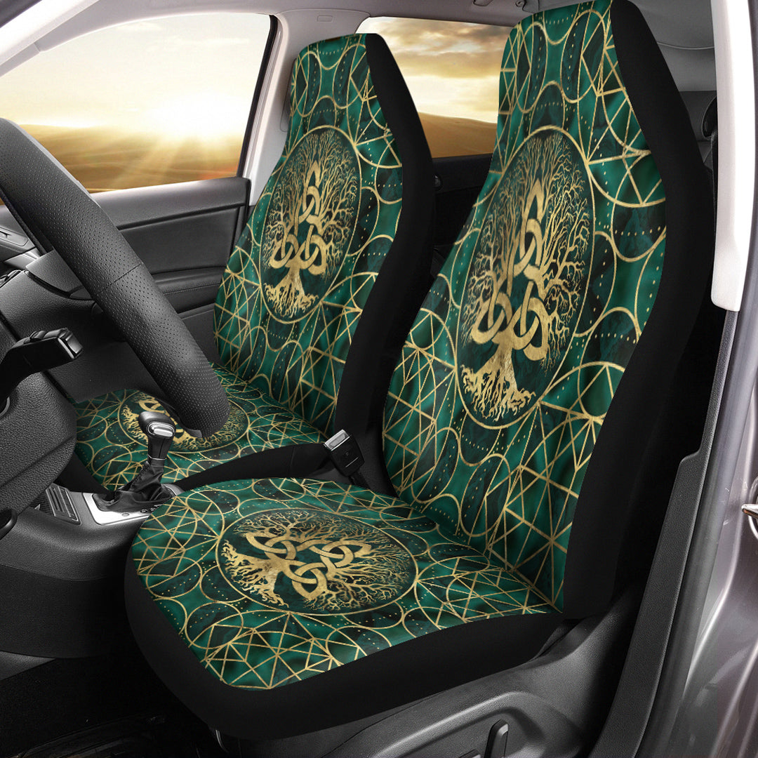 Viking Car Seat Covers Tree Of Life with Triquetra Malachite and Gold Car Seat Covers RLT12 - Wonder Print Shop