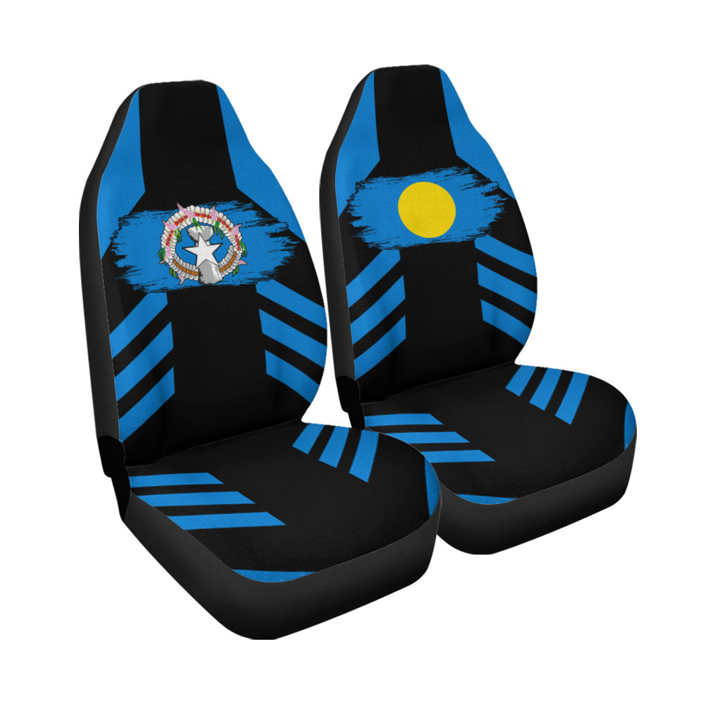 Pair of black car seat covers with blue diagonal stripes, crest badge, and yellow circle