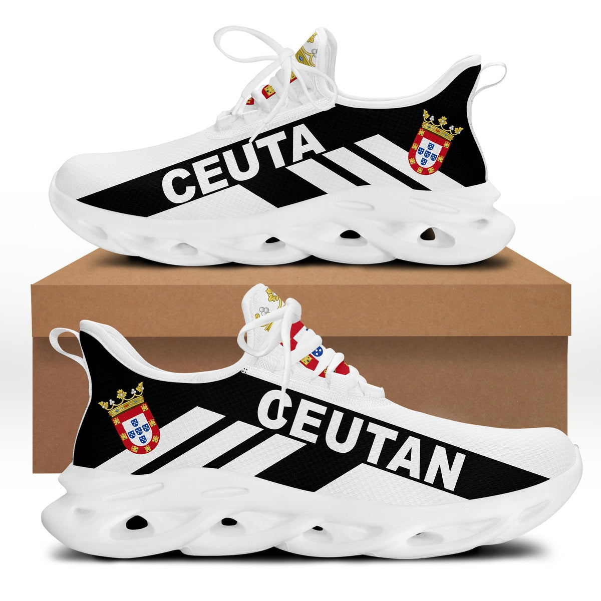 Clunky sneakers with black-and-white CEUTA stripe graphic, white sole and laces