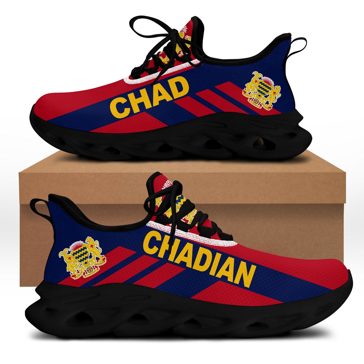 Clunky sneakers with blue/red plaid print, 'CHAD' lettering, black sole, black laces