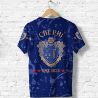 Blue Chi Phi T-shirt back view with CHI PHI text, crest, and EST. 1824