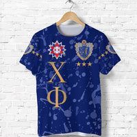Blue Chi Phi T-shirt with large front crest and gold Greek letters graphic