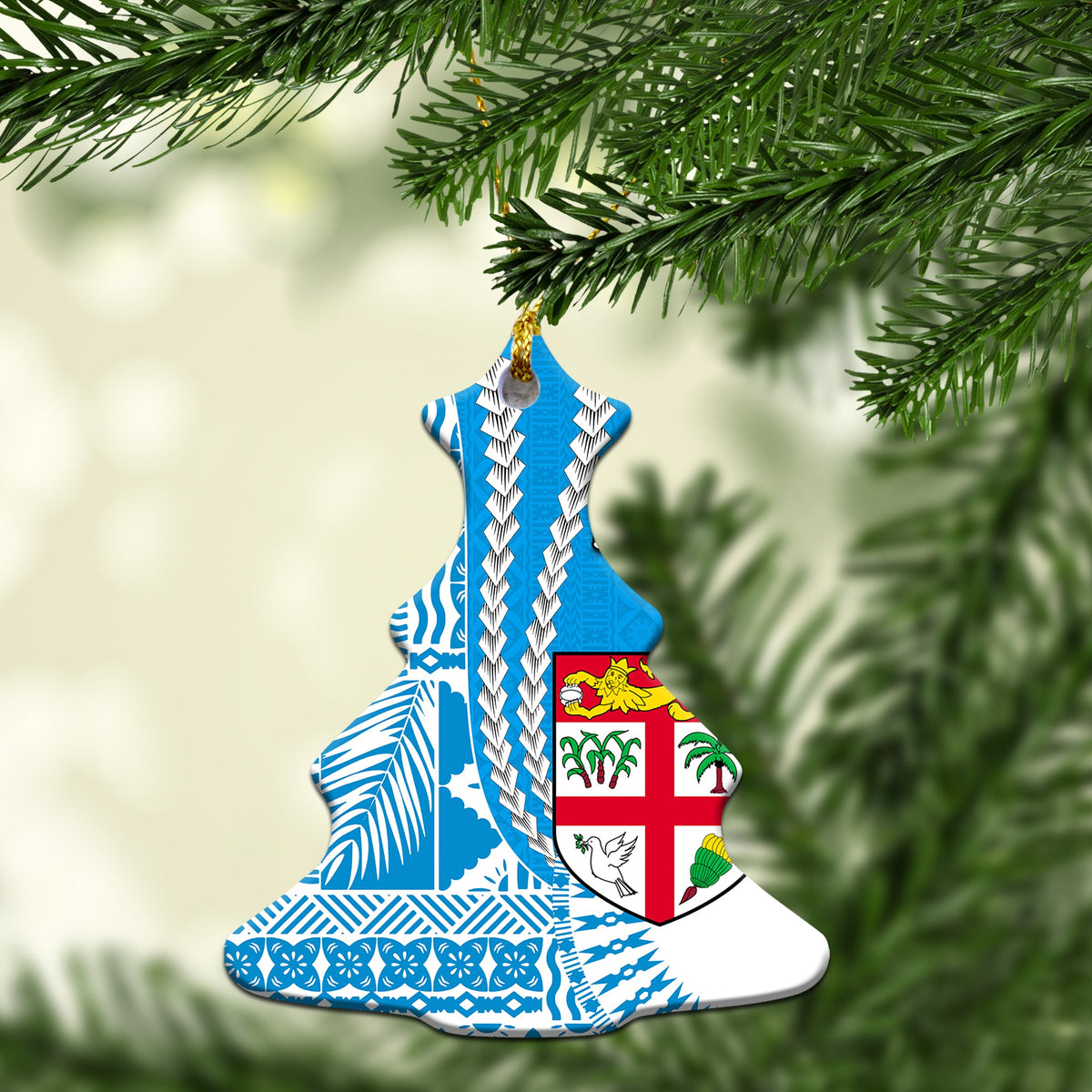 Fiji Christmas tree ceramic ornament with blue patterned sides, crest and “FIJI” on gold cord