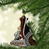 Christmas tree ceramic ornament, black “BULA FIJI” with orange and white Polynesian patterns