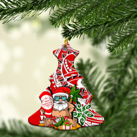 Mele Kalikimaka Santa Christmas tree-shaped ceramic ornament with red, white, and green
