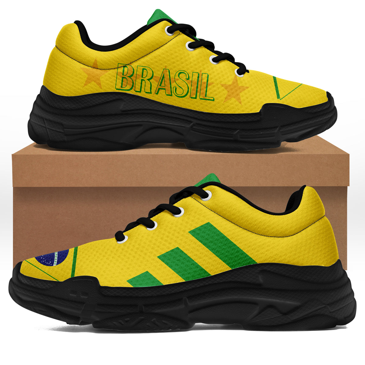 Yellow chunky sneakers with black sole, black laces, and BRASIL graphic on side