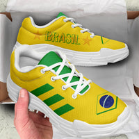 Yellow chunky sneakers with white laces and sole, BRASIL graphic and green stripe details