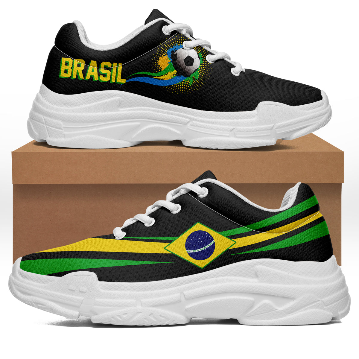 Black chunky sneakers with white sole, Brazil graphic on side, white laces